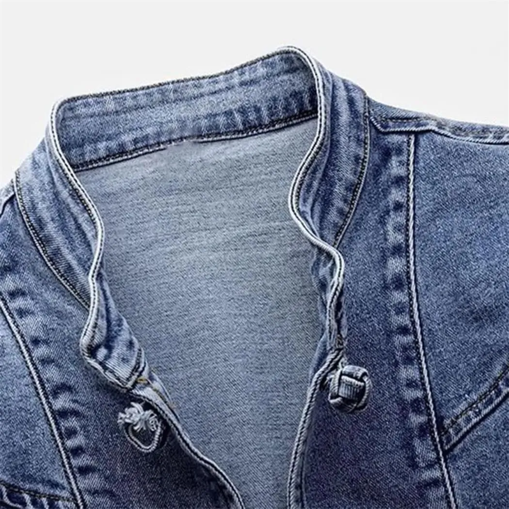 Women Denim Jacket Elegant Chinese Style Denim Coat With Embroidery Slim Fit Long Sleeve Jacket With Turn-Down