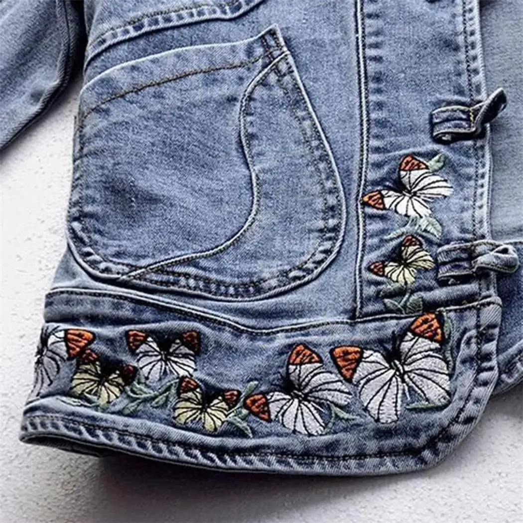 Women Denim Jacket Elegant Chinese Style Denim Coat With Embroidery Slim Fit Long Sleeve Jacket With Turn-Down