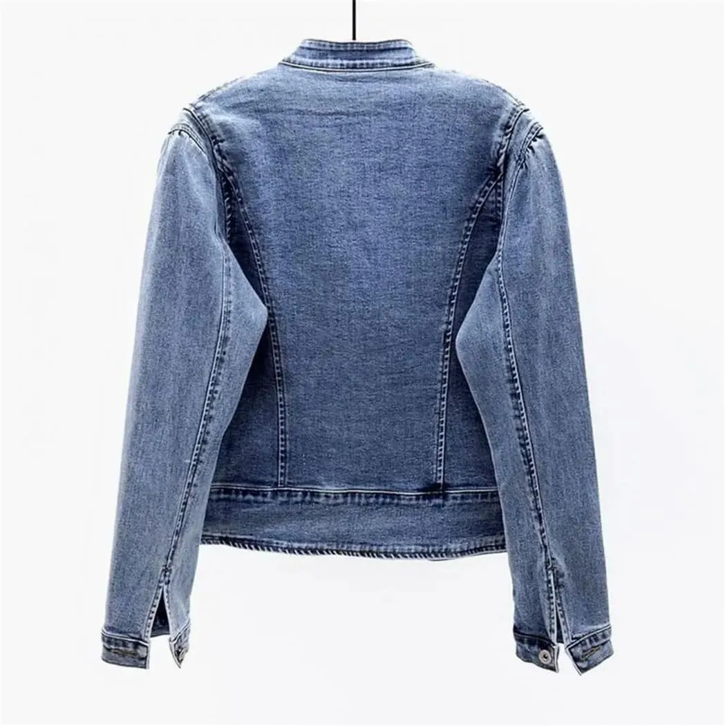 Women Denim Jacket Elegant Chinese Style Denim Coat With Embroidery Slim Fit Long Sleeve Jacket With Turn-Down