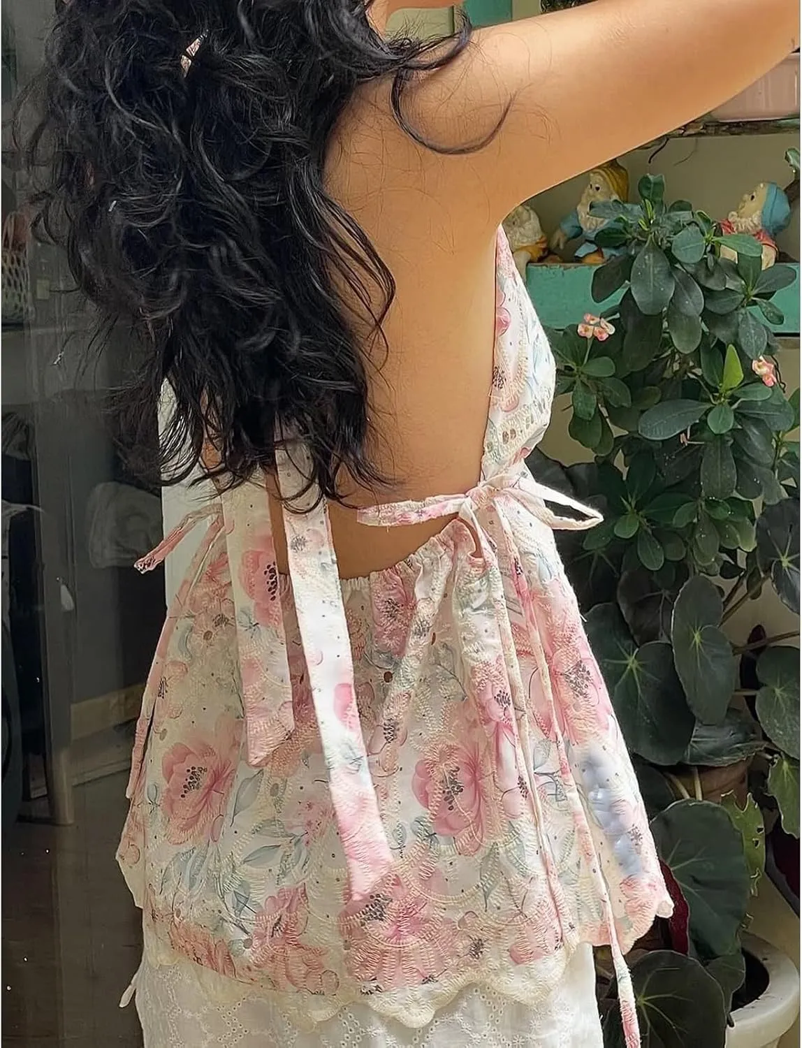 Women Floral Halter Deep V Neck Tank Top Y2K Ruffle Hem Tie Backless Wrap Crop Vest Sexy Bodycon Going Out Tops