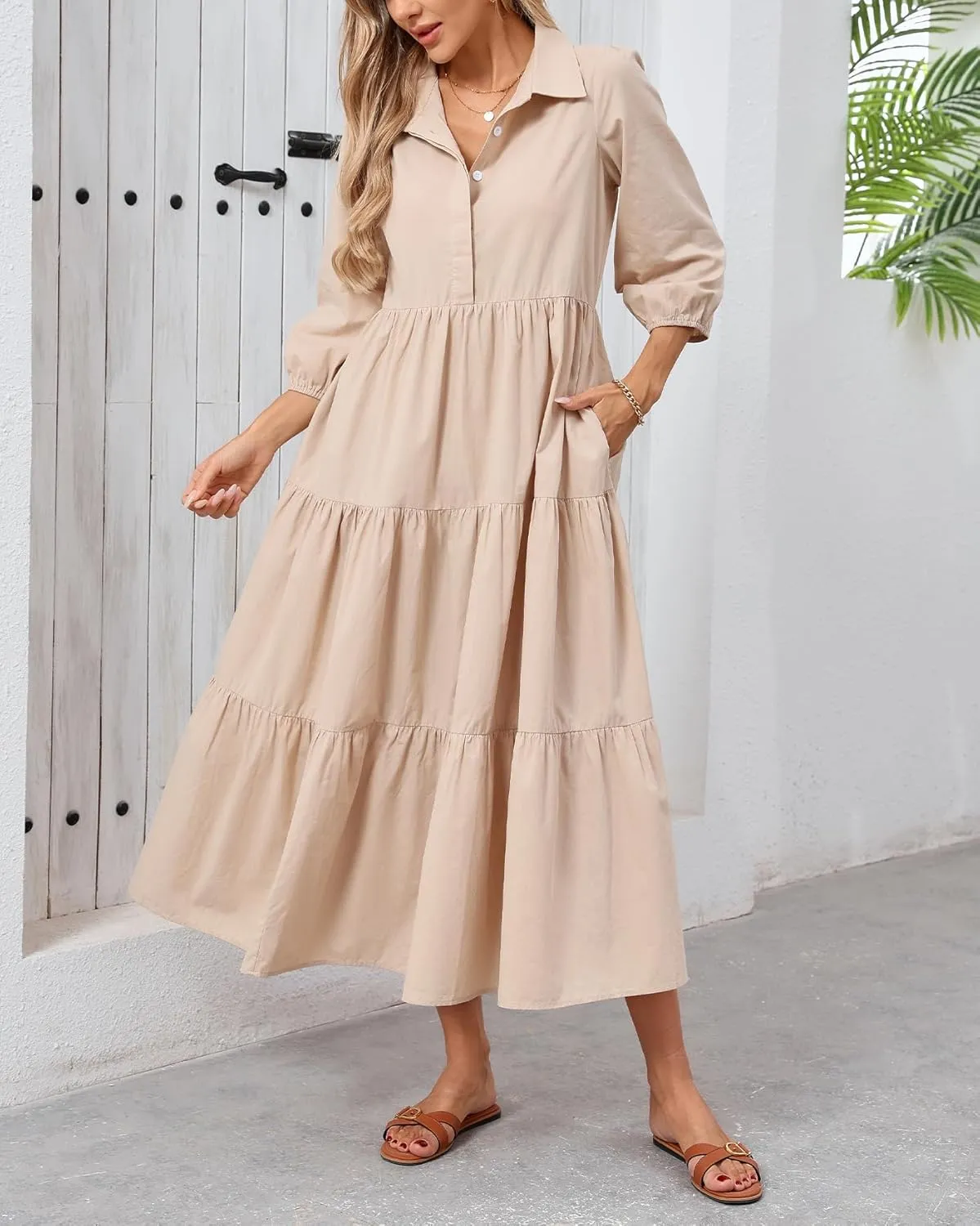 Women Flowy Maxi Shirt Dress Casual Button Down V Neck Ruffled Beach Long Dresses with Pockets