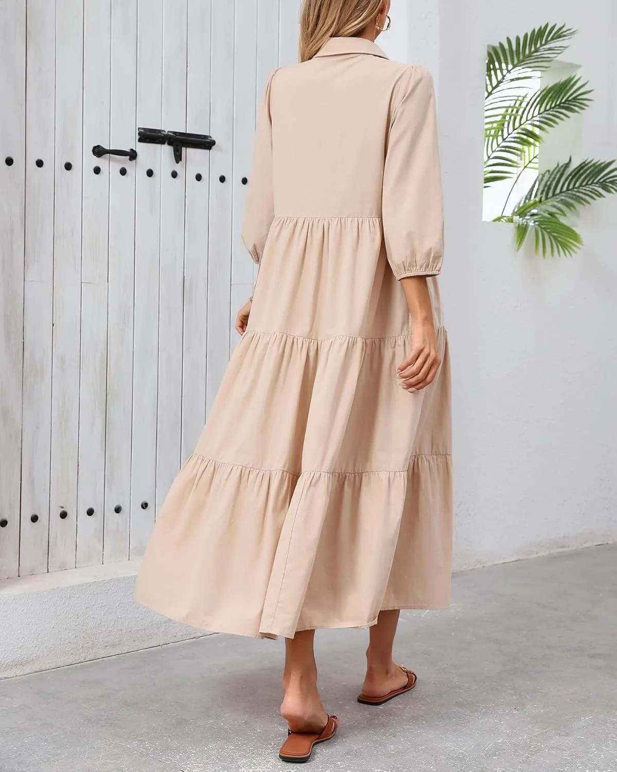 Women Flowy Maxi Shirt Dress Casual Button Down V Neck Ruffled Beach Long Dresses with Pockets