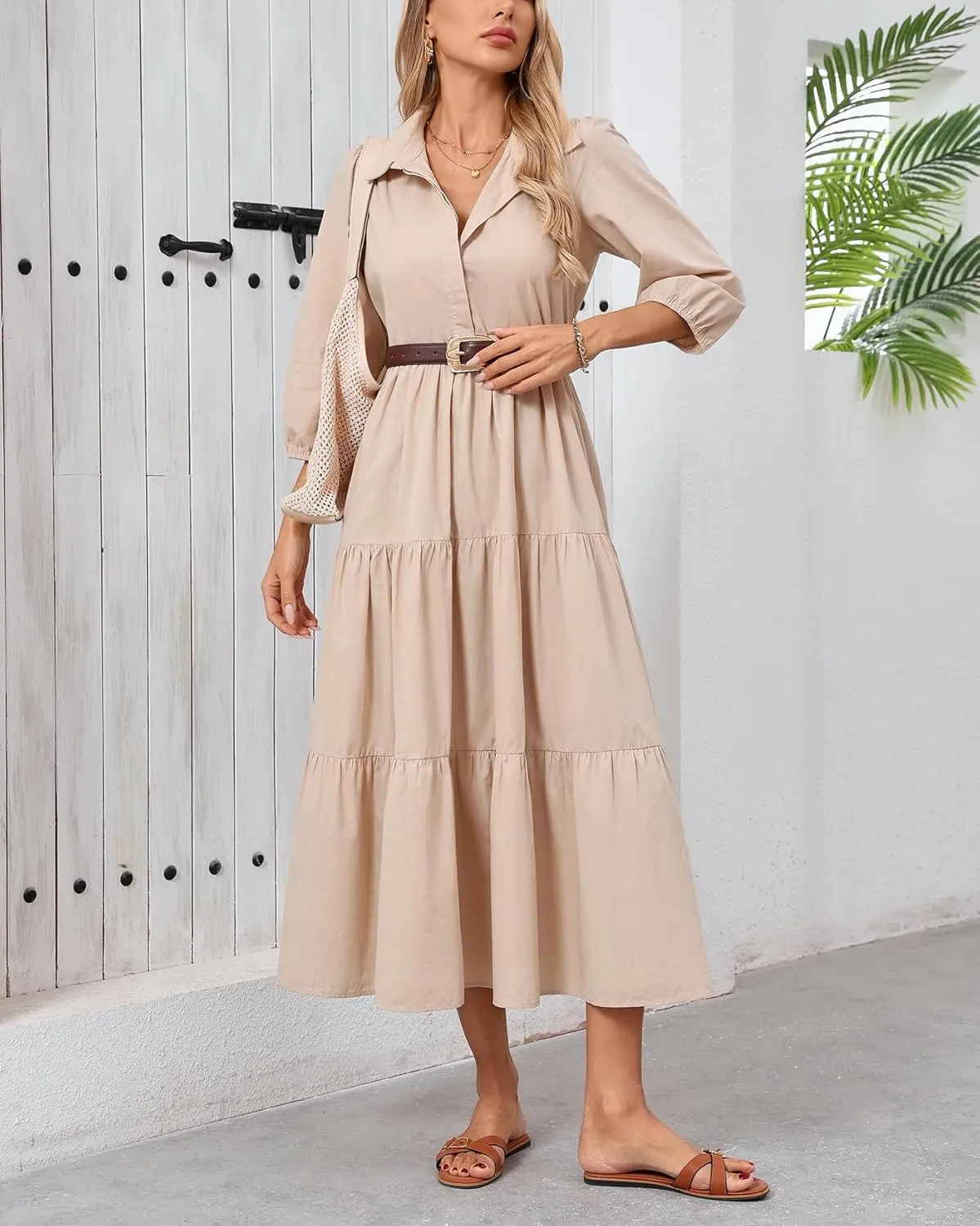 Women Flowy Maxi Shirt Dress Casual Button Down V Neck Ruffled Beach Long Dresses with Pockets