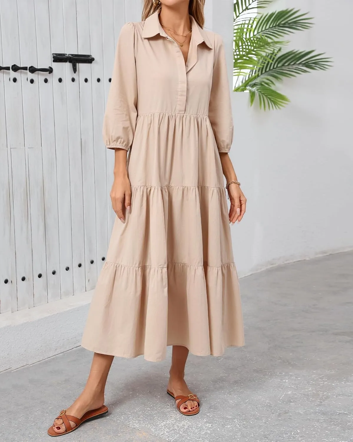 Women Flowy Maxi Shirt Dress Casual Button Down V Neck Ruffled Beach Long Dresses with Pockets
