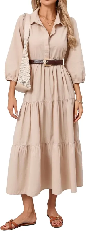 Women Flowy Maxi Shirt Dress Casual Button Down V Neck Ruffled Beach Long Dresses with Pockets
