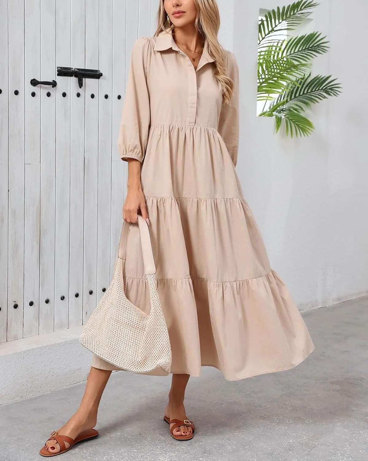 Women Flowy Maxi Shirt Dress Casual Button Down V Neck Ruffled Beach Long Dresses with Pockets