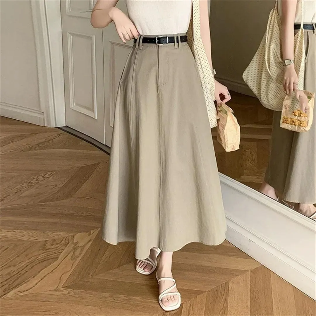 Women High Waist Denim A-Line Midi Summer Elegant Solid Pleated Umbrella Skirts