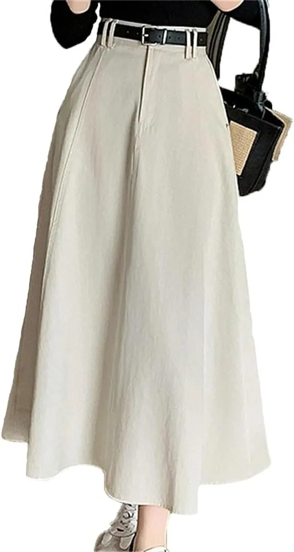 Women High Waist Denim A-Line Midi Summer Elegant Solid Pleated Umbrella Skirts