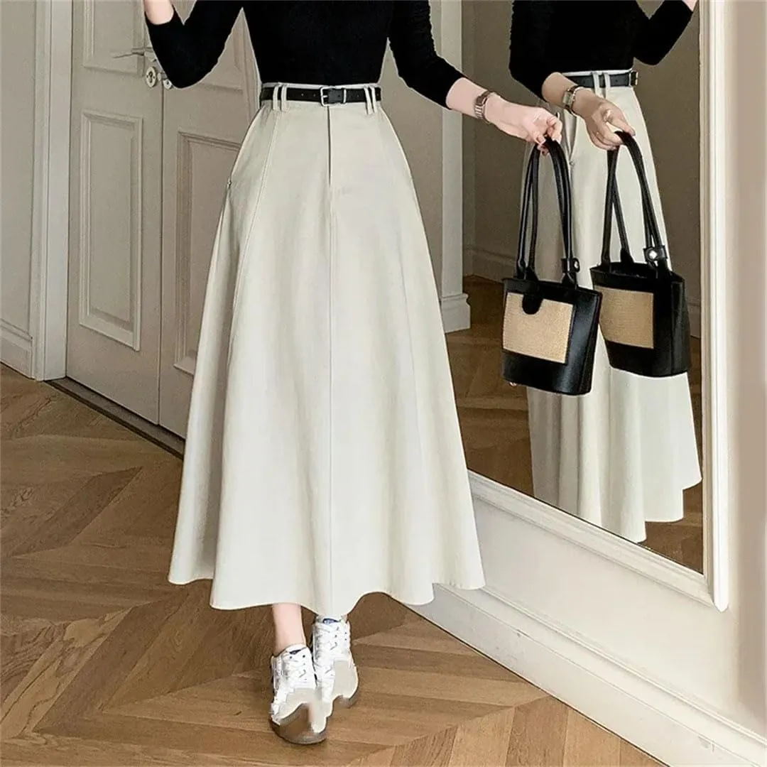 Women High Waist Denim A-Line Midi Summer Elegant Solid Pleated Umbrella Skirts