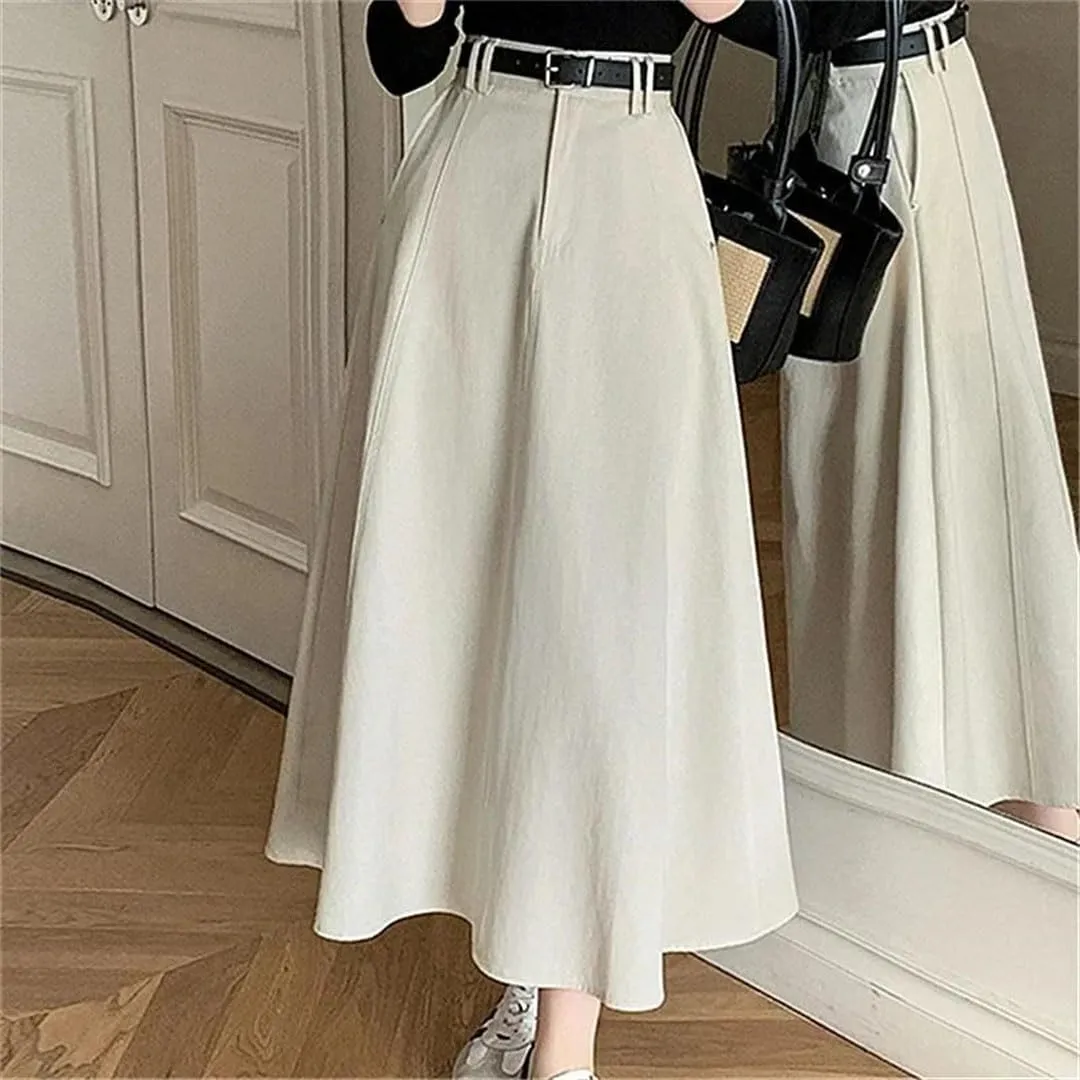 Women High Waist Denim A-Line Midi Summer Elegant Solid Pleated Umbrella Skirts