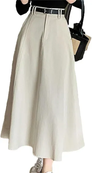 Women High Waist Denim A-Line Midi Summer Elegant Solid Pleated Umbrella Skirts