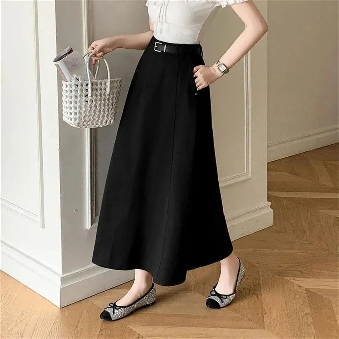 Women High Waist Denim A-Line Midi Summer Elegant Solid Pleated Umbrella Skirts