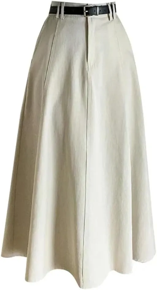 Women High Waist Denim A-Line Midi Summer Elegant Solid Pleated Umbrella Skirts