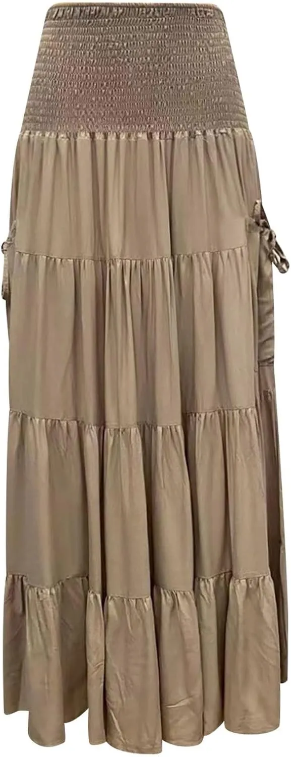 Women High Waist Pleated A-Line Boho Skirt Hippie Bohemian Elastic Waist Gypsy Flowy Tiered Maxi Skirts