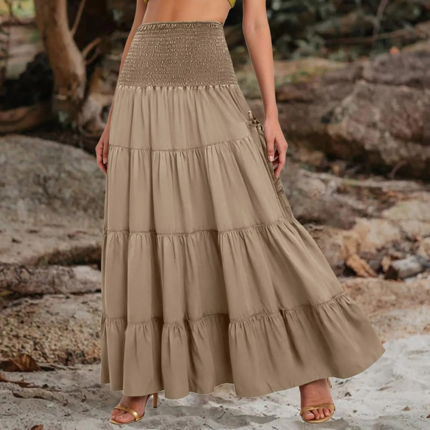Women High Waist Pleated A-Line Boho Skirt Hippie Bohemian Elastic Waist Gypsy Flowy Tiered Maxi Skirts