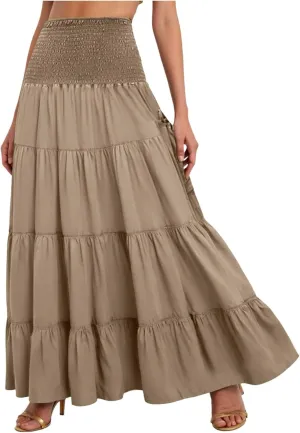 Women High Waist Pleated A-Line Boho Skirt Hippie Bohemian Elastic Waist Gypsy Flowy Tiered Maxi Skirts