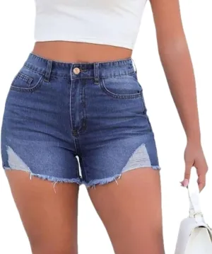 Women High Waisted Skinny Stretchy Denim Shorts Casual Summer Frayed Raw Hem Distressed Ripped Short Jeans