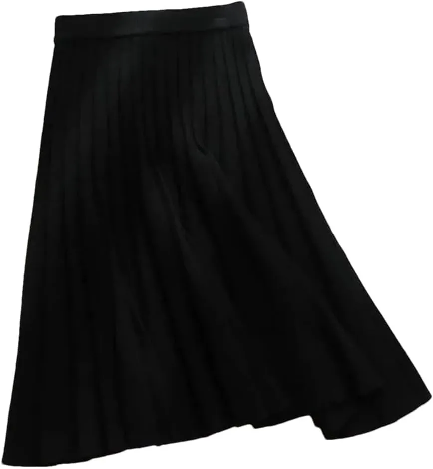 Women Knitted Midi Skirt A-Line High Waist Pleated Long Skirt