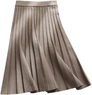 Women Knitted Midi Skirt A-Line High Waist Pleated Long Skirt