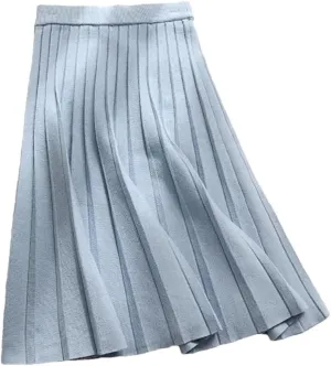 Women Knitted Midi Skirt A-Line High Waist Pleated Long Skirt