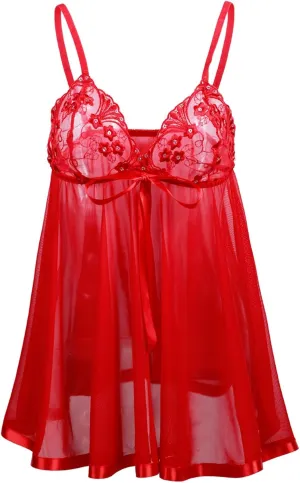 Women Lingerie Set Babydoll Strap Chemise Bra and Knickers Set Deep V-Neck Dress Nightwear Nighty