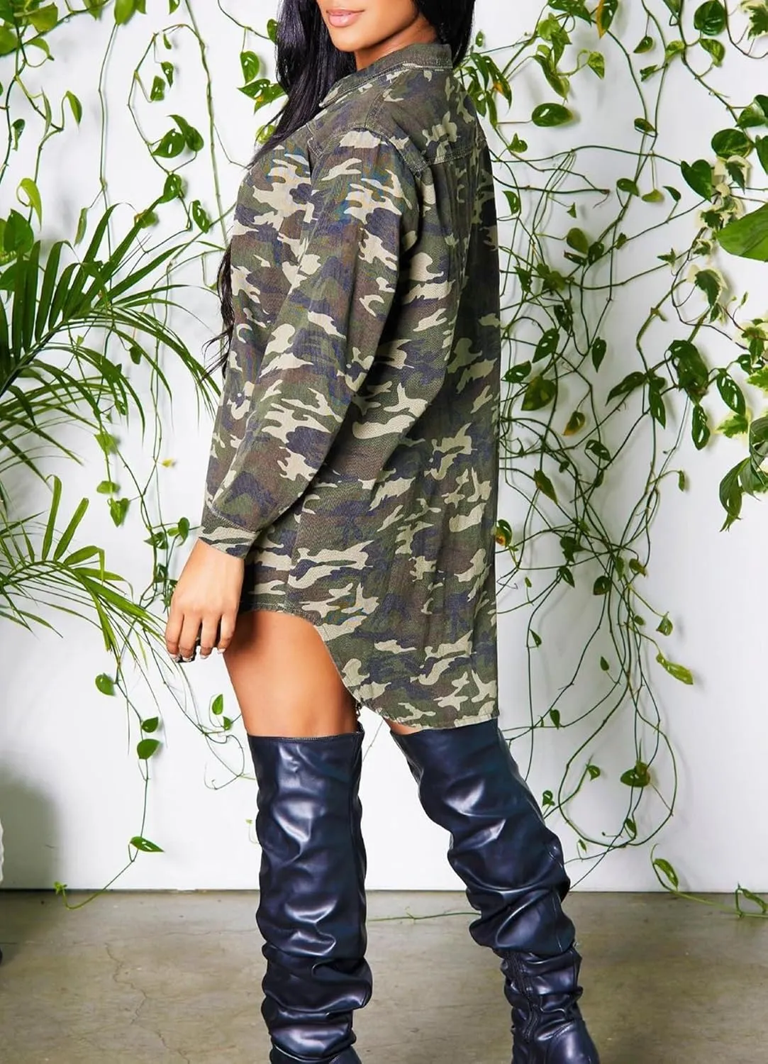 Women Long Sleeve Button Down Camouflage Jacket Oversized Distressed Trench Denim Trucker Jackets Coat with Pockets