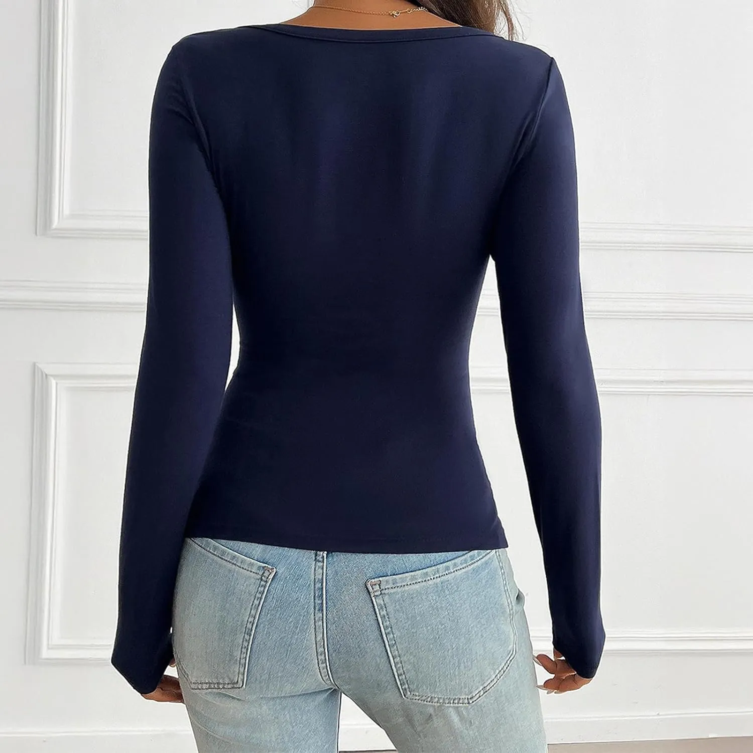 Women Long Sleeve Henley Shirts Sexy Y2K Slim Fit V Neck Button Down Lace Trim Knitted Tops Fairy Basic Streetwear