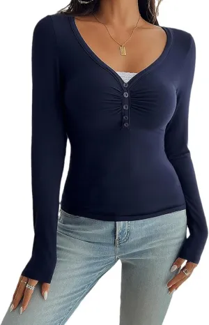 Women Long Sleeve Henley Shirts Sexy Y2K Slim Fit V Neck Button Down Lace Trim Knitted Tops Fairy Basic Streetwear