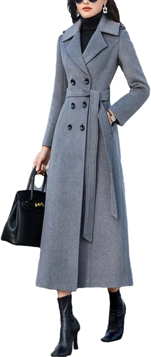 Women Long Woolen Coat Autumn Winter Fashion Double Breasted Slim Blends Overcoat Thicken Warm Outerwear