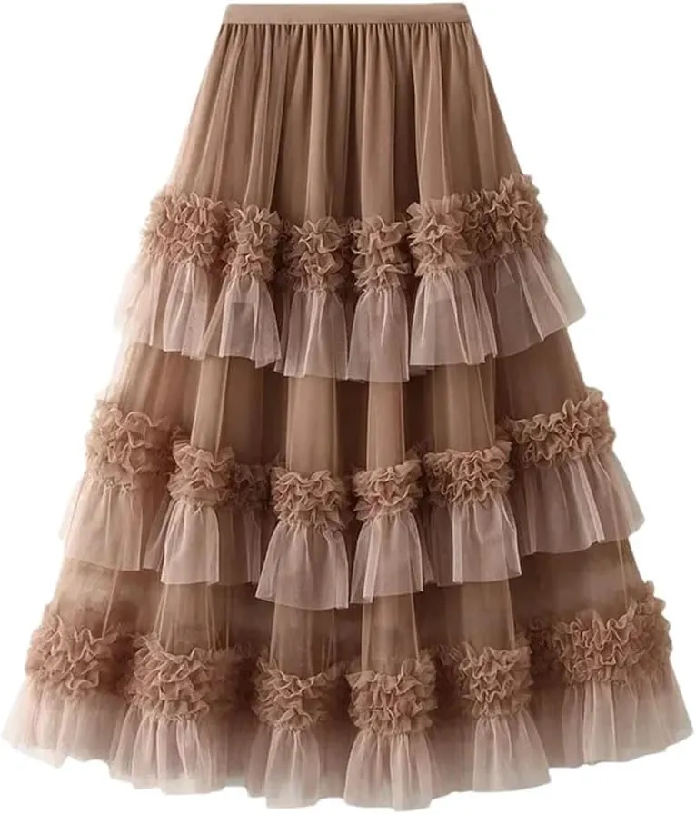 Women Loose FIT Big Swing Yarn Sweet Lace Pleated Edge Skirt