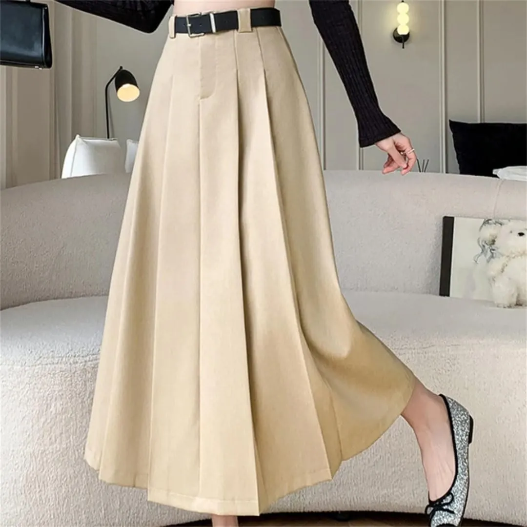 Women Mid Length for High Waist A-Line Large Swing Umbrella Skirt Knee Length Suit Pleated Long Skirt