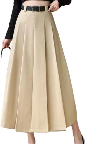 Women Mid Length for High Waist A-Line Large Swing Umbrella Skirt Knee Length Suit Pleated Long Skirt