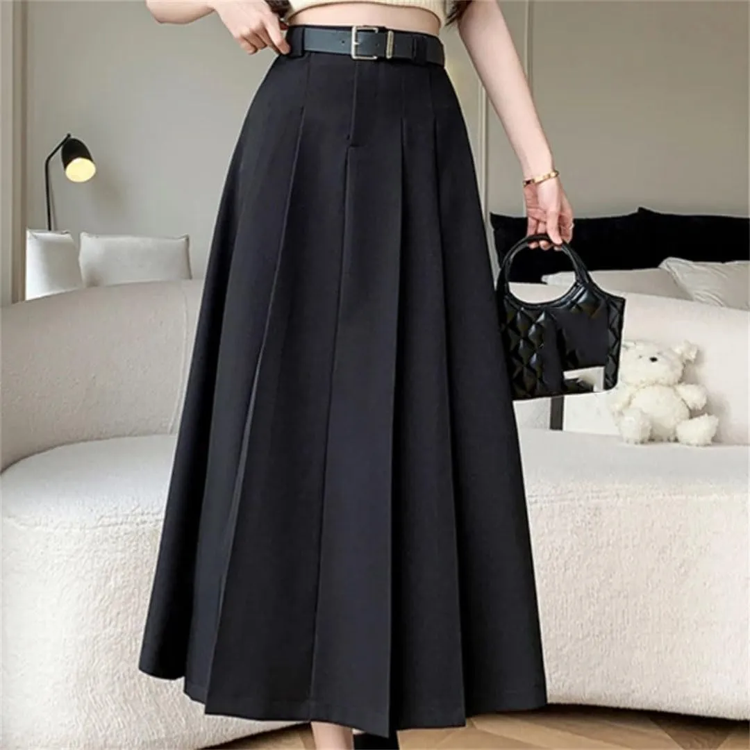 Women Mid Length for High Waist A-Line Large Swing Umbrella Skirt Knee Length Suit Pleated Long Skirt