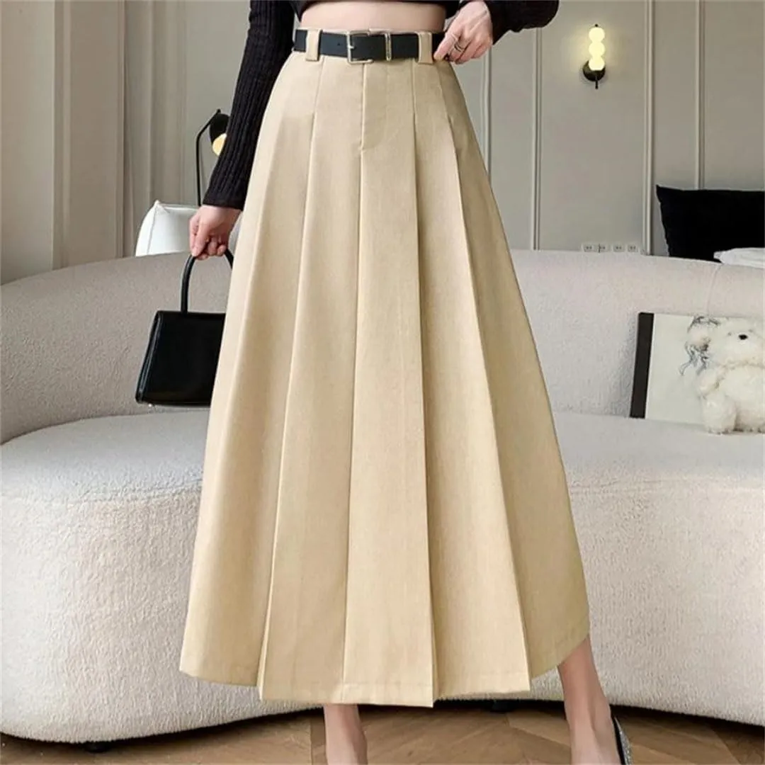 Women Mid Length for High Waist A-Line Large Swing Umbrella Skirt Knee Length Suit Pleated Long Skirt