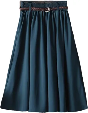 Women Midi Knee Length Summer Skirt with Belt Fashion Korean Ladies High Waist Pleated A-Line Skirts