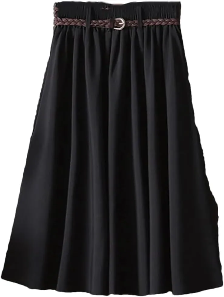 Women Midi Knee Length Summer Skirt with Belt Fashion Korean Ladies High Waist Pleated A-Line Skirts