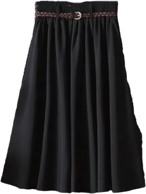 Women Midi Knee Length Summer Skirt with Belt Fashion Korean Ladies High Waist Pleated A-Line Skirts