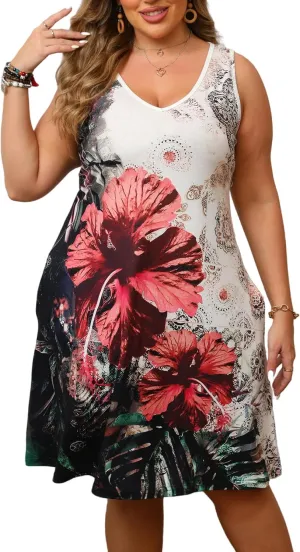 Women Plus Size V Neck Sleeveless Floral Print Pocket T Shirt Dresses Casual Midi Tank Dress Beach Cover up Sundress (XL-5X)