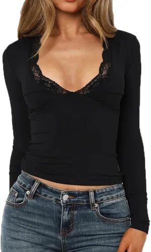 Women Sexy V Neck Lace Trim Cropped T Shirt Slim Fit Low Cut Long Sleeve Lace Patchwork Tee Tops Y2k Fall Outfits