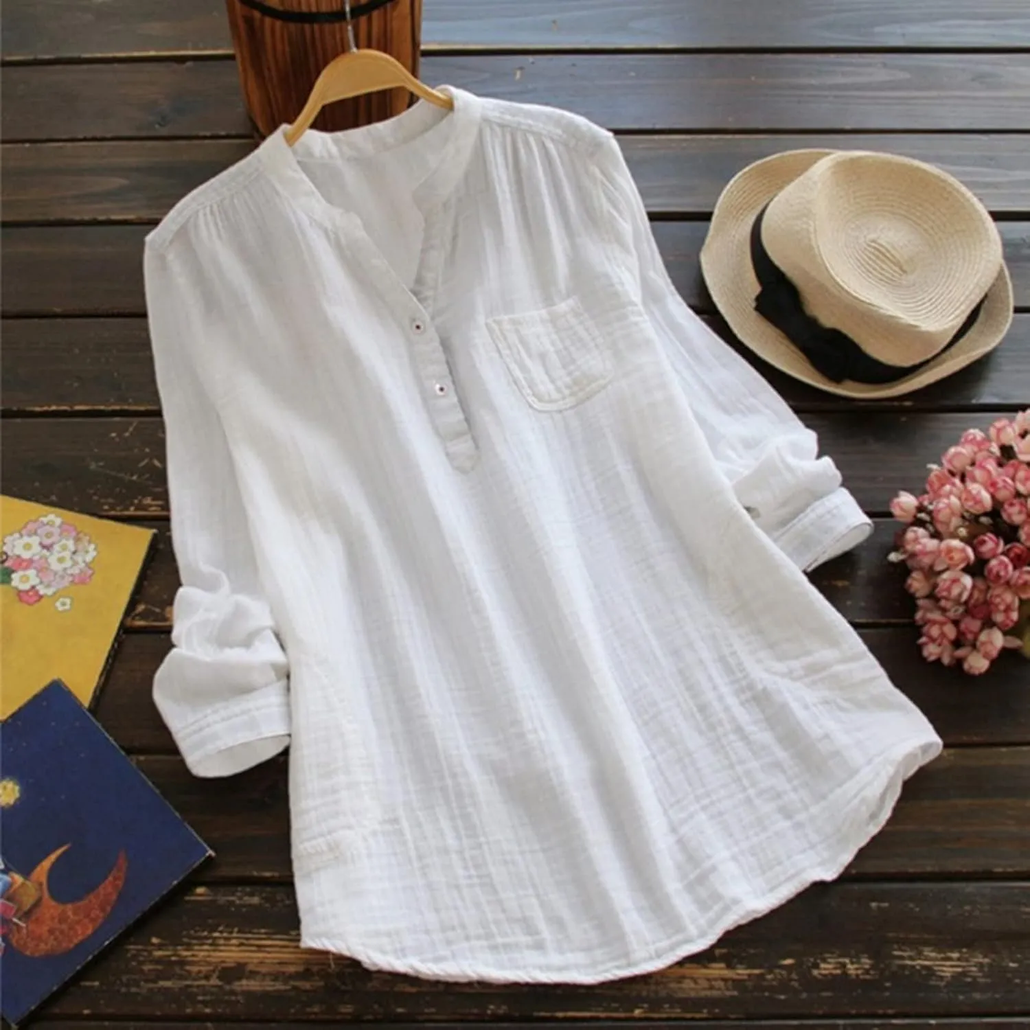 Women Short Sleeve Cotton Linen Shirts Casual V Neck Trendy Dressy T-Shirt Floral Loose Fit Summer Tee Tops