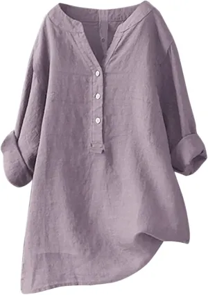 Women Short Sleeve Cotton Linen Shirts Casual V Neck Trendy Dressy T-Shirt Floral Loose Fit Summer Tee Tops