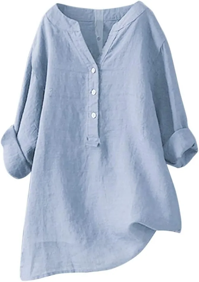Women Short Sleeve Cotton Linen Shirts Casual V Neck Trendy Dressy T-Shirt Floral Loose Fit Summer Tee Tops