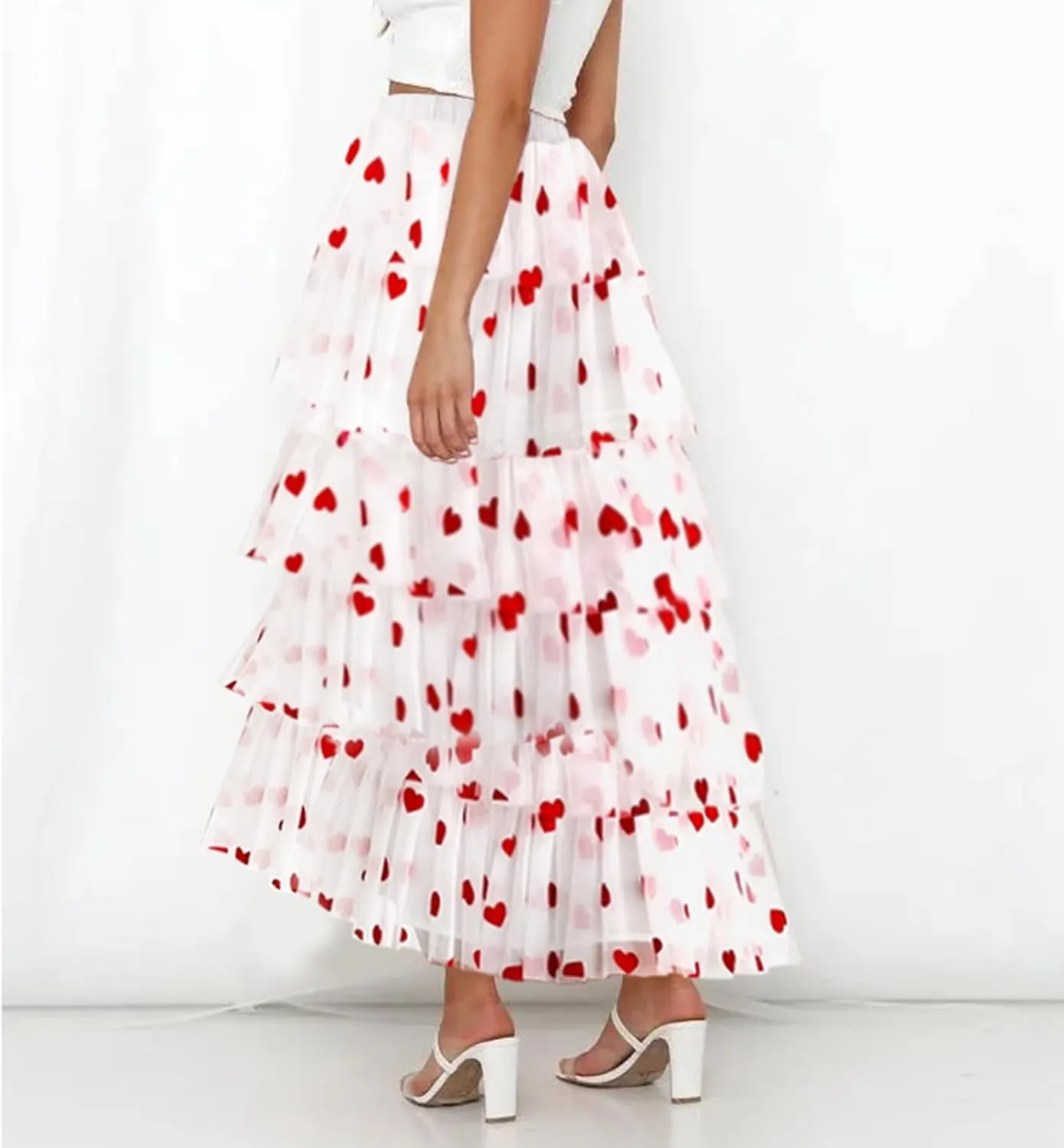 Women Solid Color Cake Skirt Heart Print Long Skirt Layered Ruffles Mesh Tiered Skirt Party A Line Long Skirt