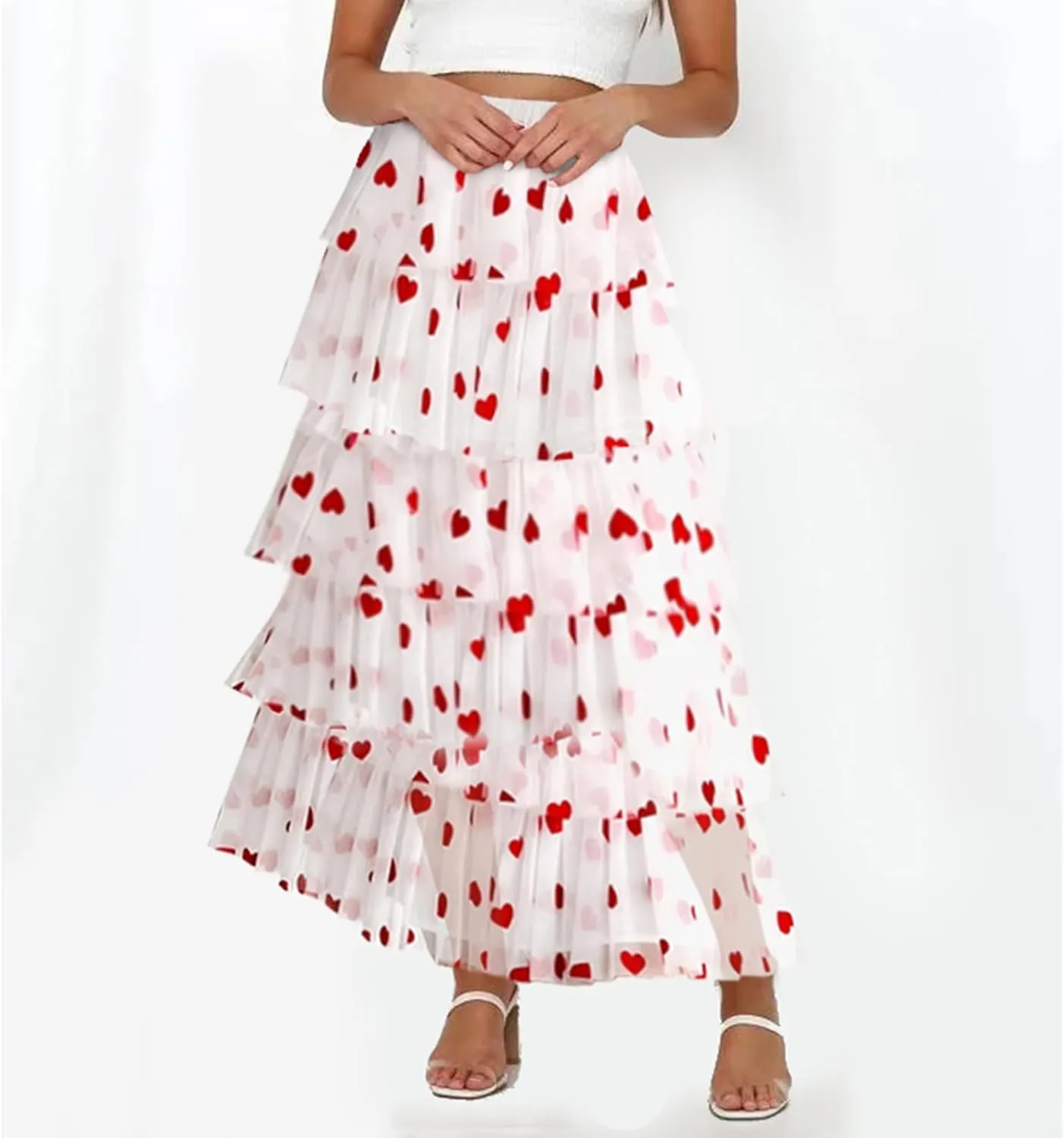 Women Solid Color Cake Skirt Heart Print Long Skirt Layered Ruffles Mesh Tiered Skirt Party A Line Long Skirt