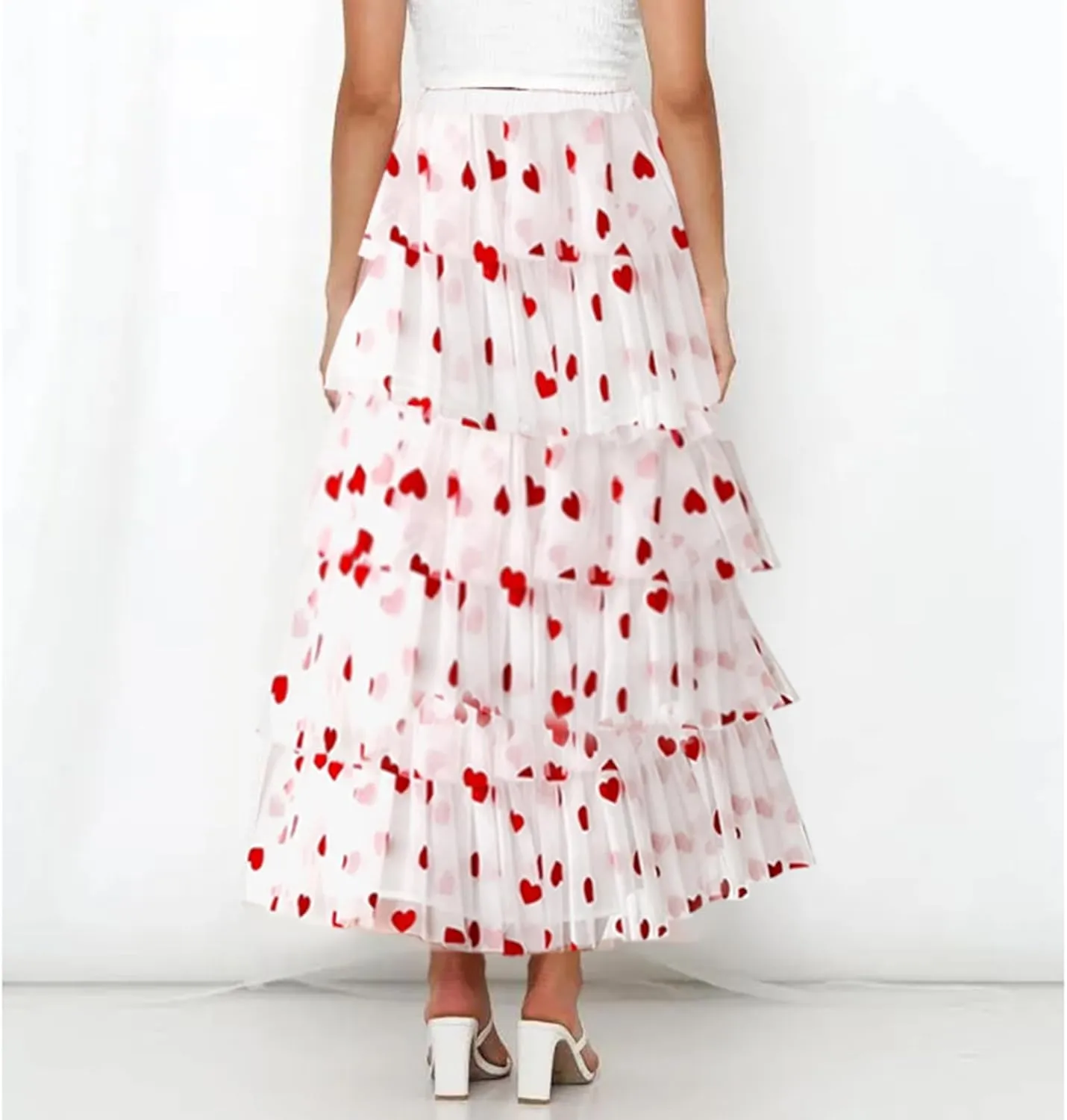 Women Solid Color Cake Skirt Heart Print Long Skirt Layered Ruffles Mesh Tiered Skirt Party A Line Long Skirt