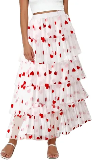 Women Solid Color Cake Skirt Heart Print Long Skirt Layered Ruffles Mesh Tiered Skirt Party A Line Long Skirt