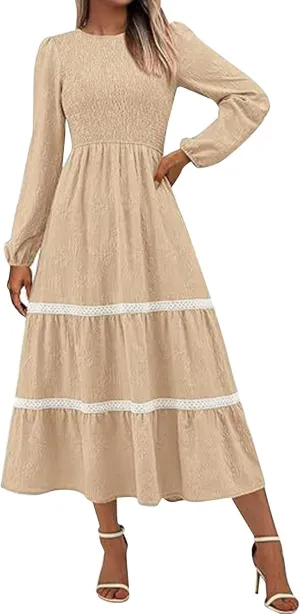 Women Spring Dresses 2025 Long Sleeve Smocked Pleated Swing Maxi Dress Colorblock Cocktail Party Dresses