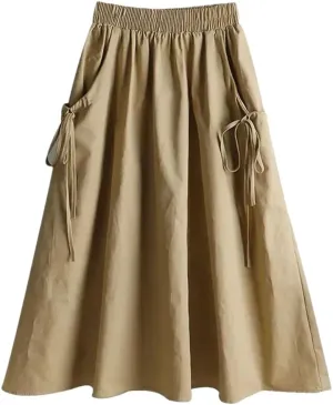 Women Spring Summer Solid Color High Waisted Long Skirt Drawstring Pocket A-Line Midi Skirts