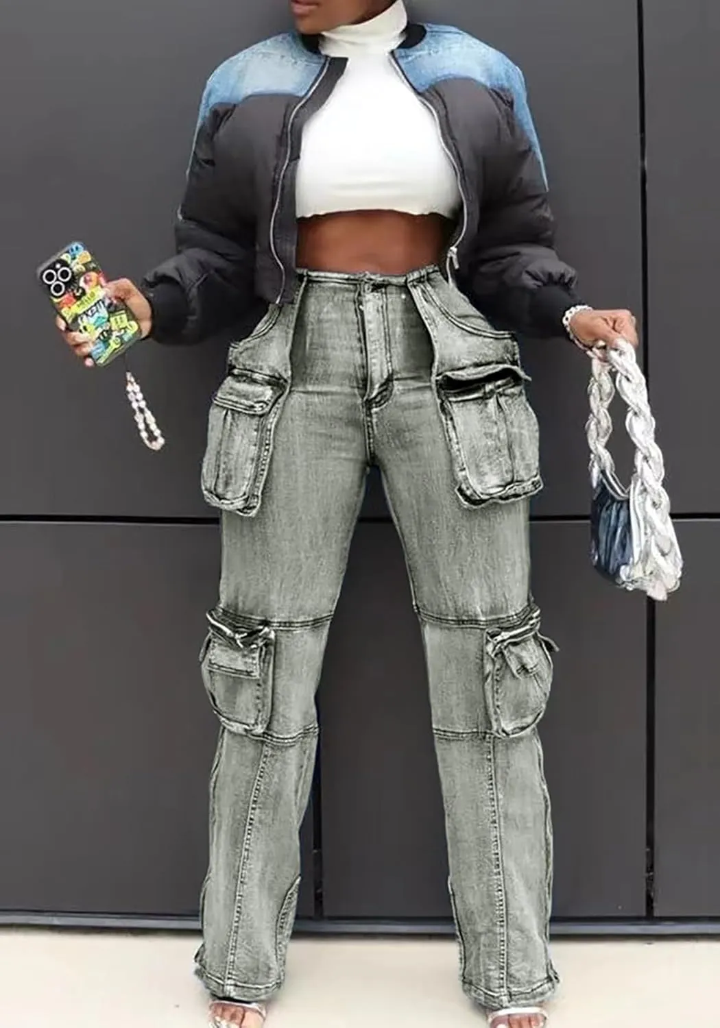 Women Stretch Cargo Jeans Y2k Boyfriend High Waisted Straight Leg Pockets Street Denim Pants