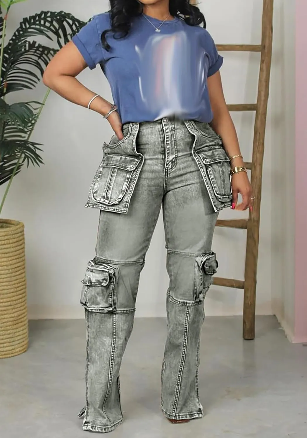 Women Stretch Cargo Jeans Y2k Boyfriend High Waisted Straight Leg Pockets Street Denim Pants